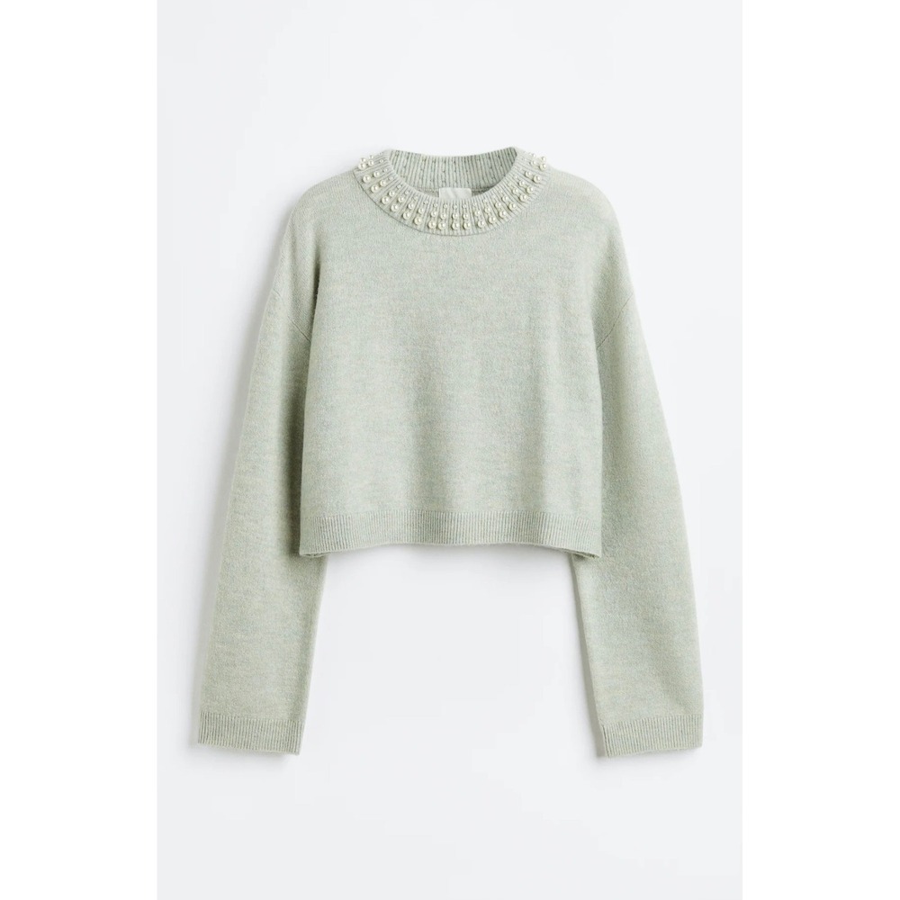 H&M Pearl Embellished Cropped Sweater Light Green Knit Pullover‎ Womens Size M